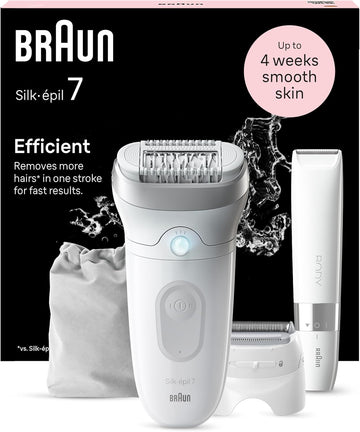 Braun Silk-Épil 7, Epilator With Wide Head For Easy Hair Removal, Wet & Dry, Lasting Smooth Skin, With Lady Shaver Head & Trimmer Comb, Body Mini Shaver, 7-441, White/Silver