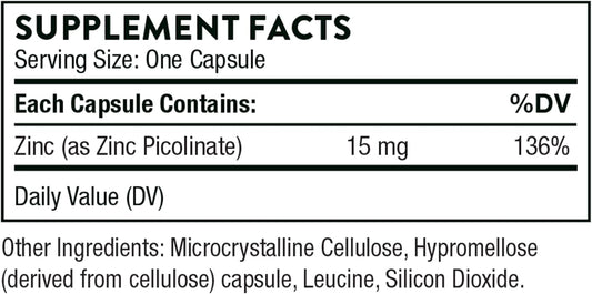 Thorne Zinc Picolinate 15Mg - Highly Absorbable Zinc Supplement - Supports Wellness, Immune System, Eye, Skin, And Reproductive Health - Gluten-Free, Soy-Free, Dairy-Free - 60 Capsules