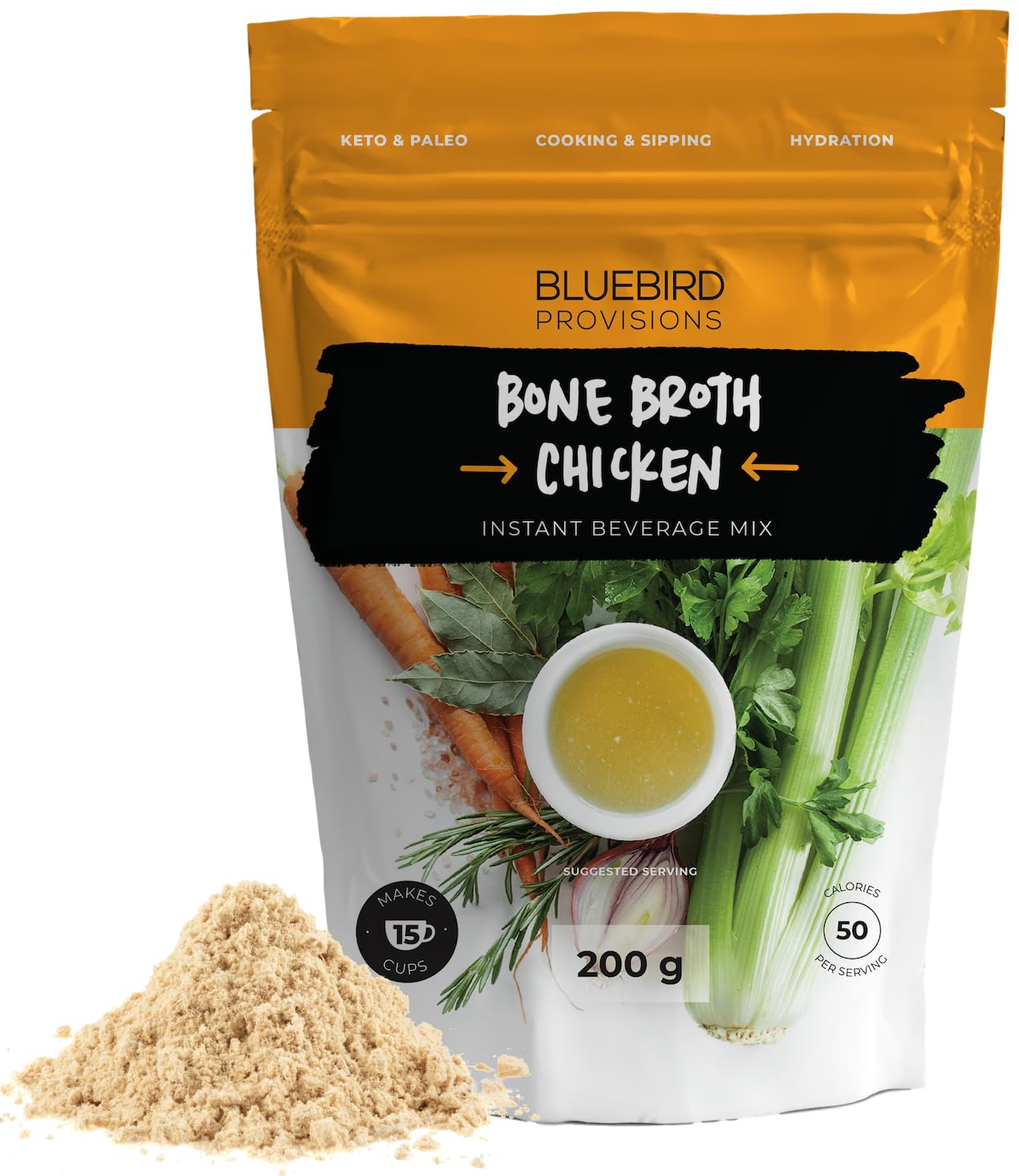 Bluebird Provisions Chicken Bone Broth Powder - Low Sodium Bone Broth - Gut Healing Bone Broth Powder For Humans - Carnivore Bone Broth - Low Sodium Chicken Broth - Sipping Bone Broth (7.1 Oz Pouch)