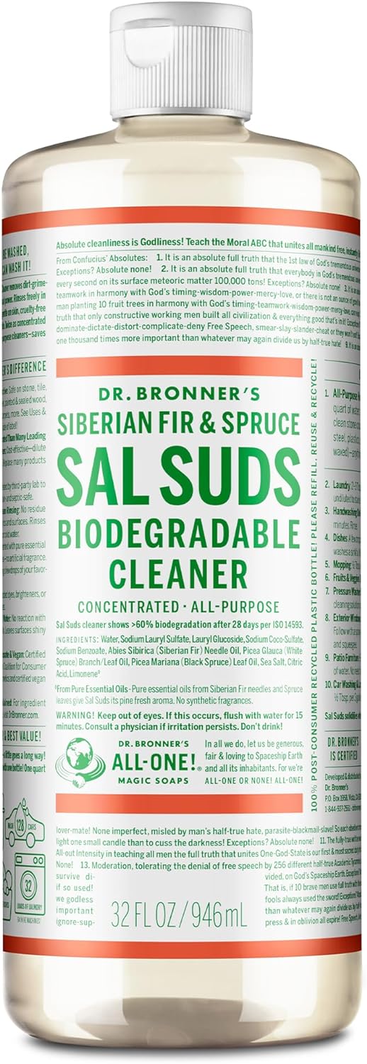 Dr. Bronner's - Sal Suds Biodegradable Cleaner (32 Ounce) - All-Purpose Cleaner, Pine Cleaner for Floors, Laundry and Dishes, Cuts Grease and Dirt