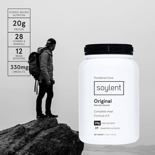 Soylent Meal Replacement Powder And Squared Bundle - 15.8 Oz Cacao Powder, 15.8 Oz Original Powder And 24 Chocolate Brownie Mini Snack Bars