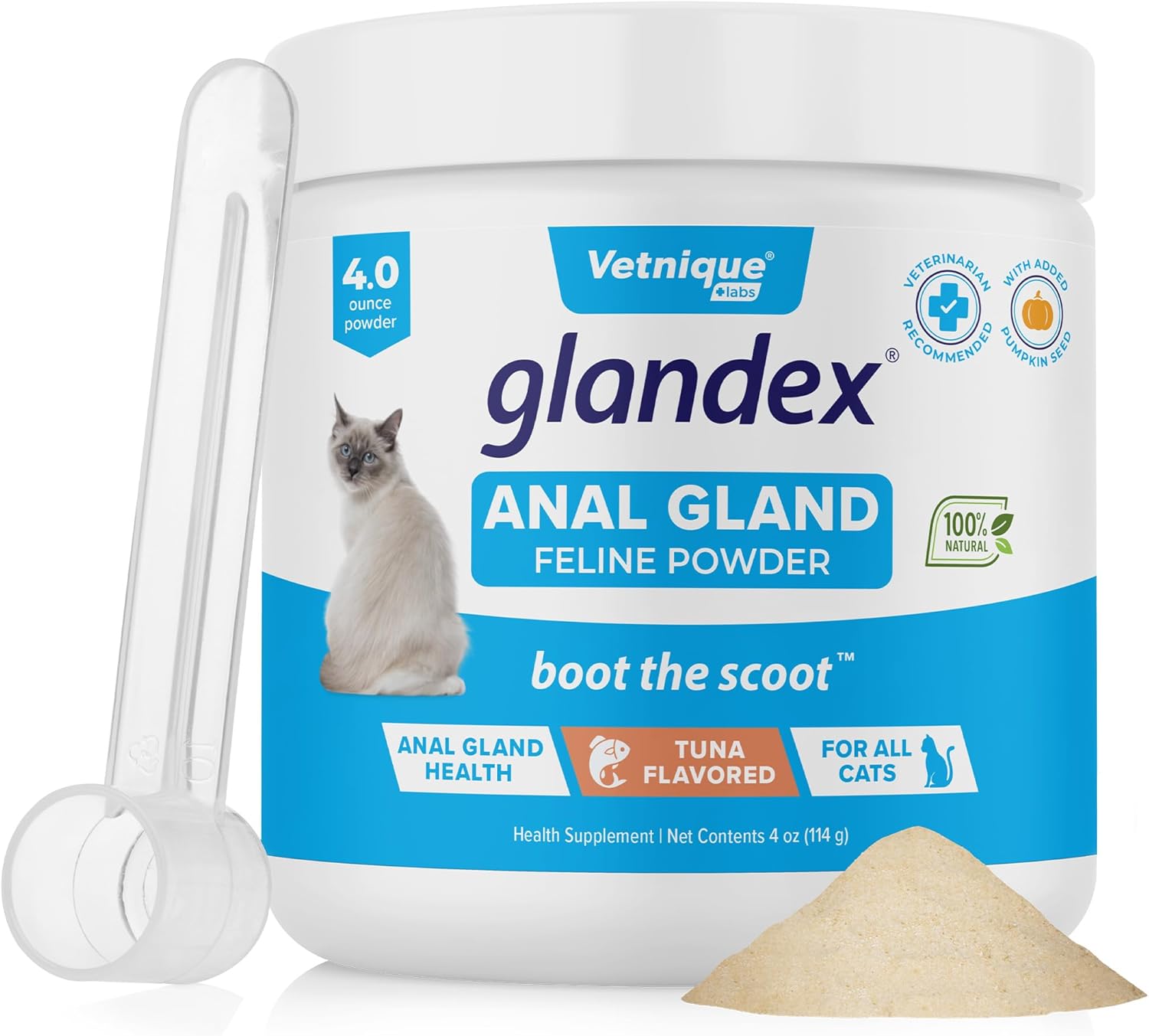 Vetnique Labs Glandex Feline Anal Gland Fiber Supplement Powder For Cats With Digestive Enzyme, Probiotics And Pumpkin, Vet Recommended For Healthy Bowels - Tuna Flavored 4.0 Oz, Scoop Included