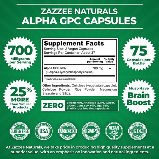 Zazzee Extra Strength Alpha Gpc Choline, 700 Mg Per Serving, 75 Vegan Capsules, 100% Pure Pharmaceutical Grade, 100% Vegetarian, Standardized For Potency And Purity, All-Natural And Non-Gmo