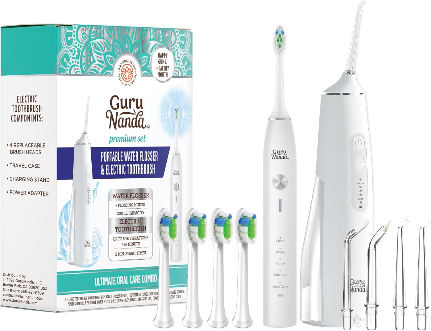 Gurunanda Lion & Lamb Kit (White) - Portable Water Flosser (300Ml) With 4 Jet Tips & 5000 Mah Rechargeable Sonic Toothbrush With 4 Brush Heads & More