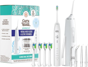 Gurunanda Lion & Lamb Kit (White) - Portable Water Flosser (300Ml) With 4 Jet Tips & 5000 Mah Rechargeable Sonic Toothbrush With 4 Brush Heads & More