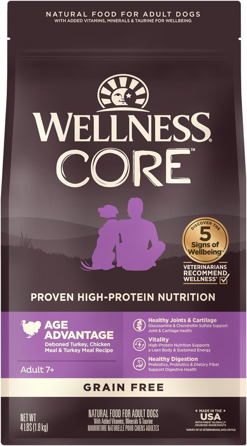 Wellness CORE Grain-Free Senior Dry Dog Food, Made in USA with Natural Ingredients, No Meat by-Product, Fillers, Artificial Flavors, or Preservatives (4-Pound Bag, Turkey)