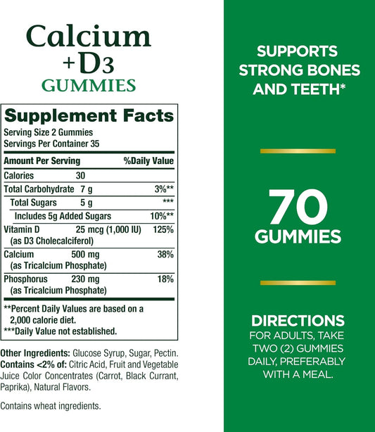 Nature'S Bounty Calcium & Vitamin D Gummies, Immune Support & Bone Health, 500Mg Calcium & 1000 Iu Vitamin D3, Fruit Flavor, 70 Count