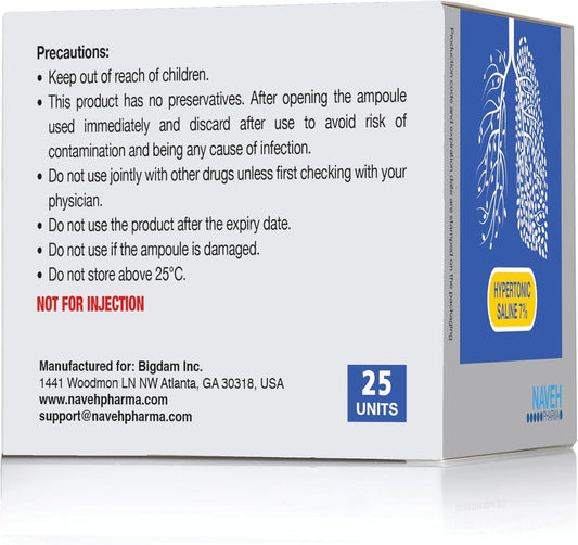 Naveh Pharma 7% Hypertonic Saline Solution For Nebulizer Machine | Nebulizer Respiratory Support For Adults & Seniors | Solution For Inhalation & Nasal Irrigation | 25 Bullets (0.17 Fl Oz Each)