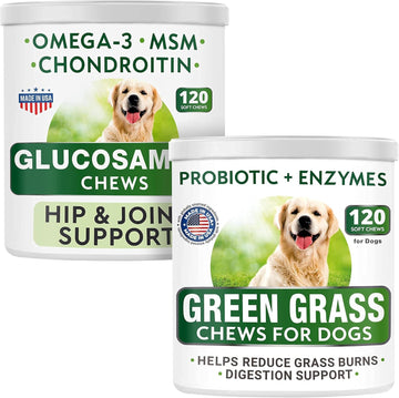 Glucosamine Dog Treats + Grass Treatment For Dog Urine Bundle - Hip Support And Joint Pain Relief Supplement W/ Chondroitin, Msm, Omega-3 + Pee Lawn Repair W Probiotics - Dog Urine Neutralizer