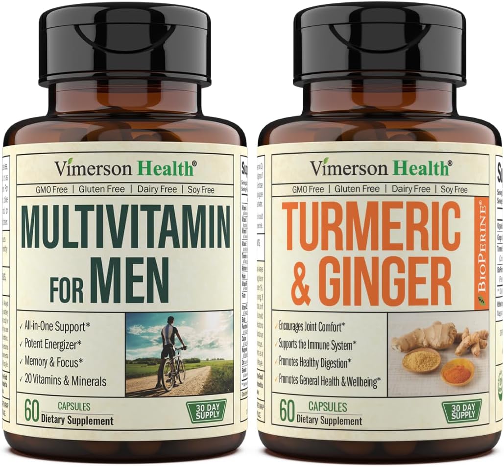 Vimerson Health Multivitamin for Men + Turmeric Ginger 2-Bottle Supplement Bundle ? Immune and Digestive Support, Joint and Muscle Comfort, Antioxidant Properties