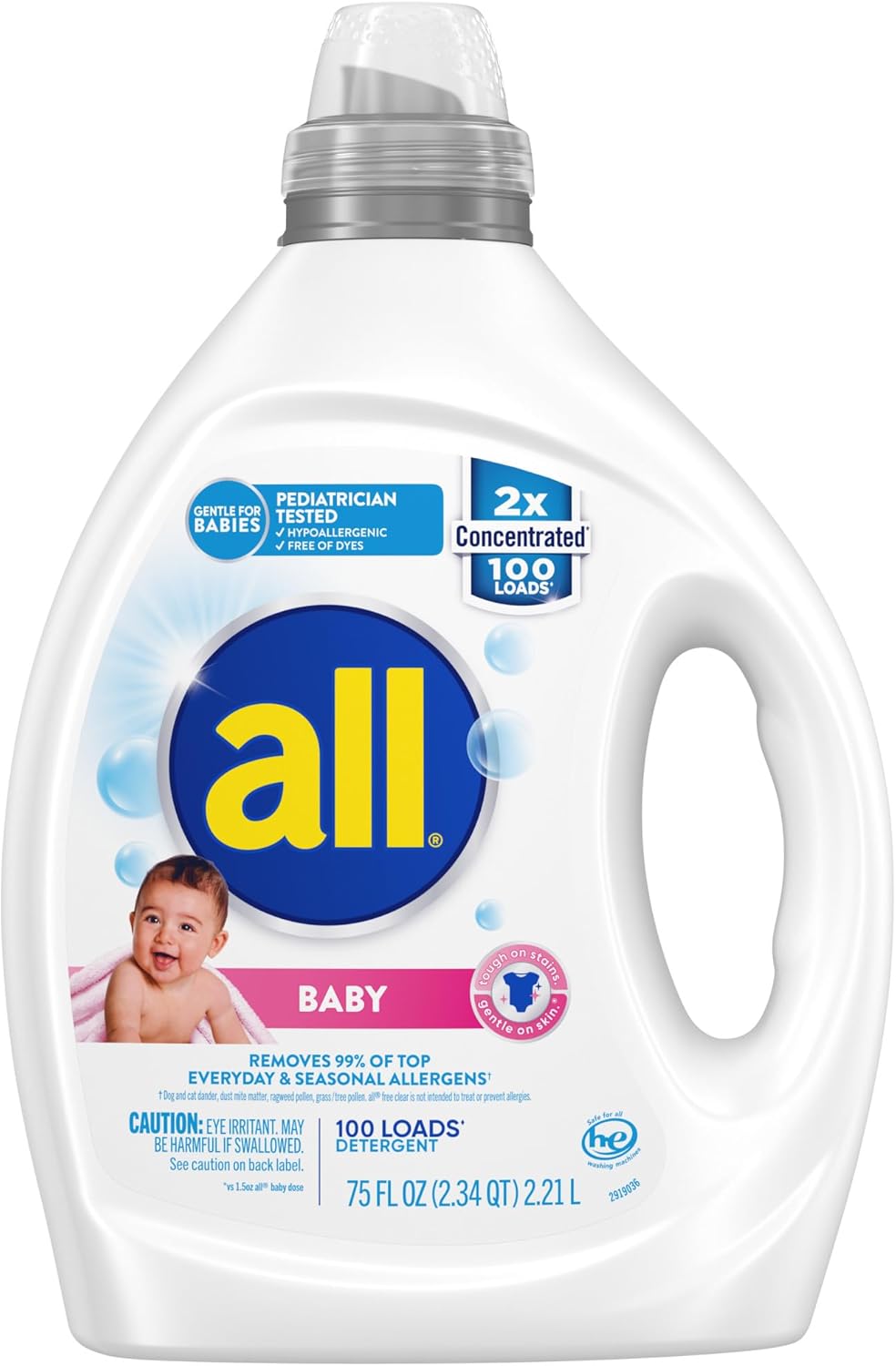 All Liquid Laundry Detergent, Gentle For Baby, Hypoallergenic & Free Of Dyes, 2X Concentrated, 100 Loads