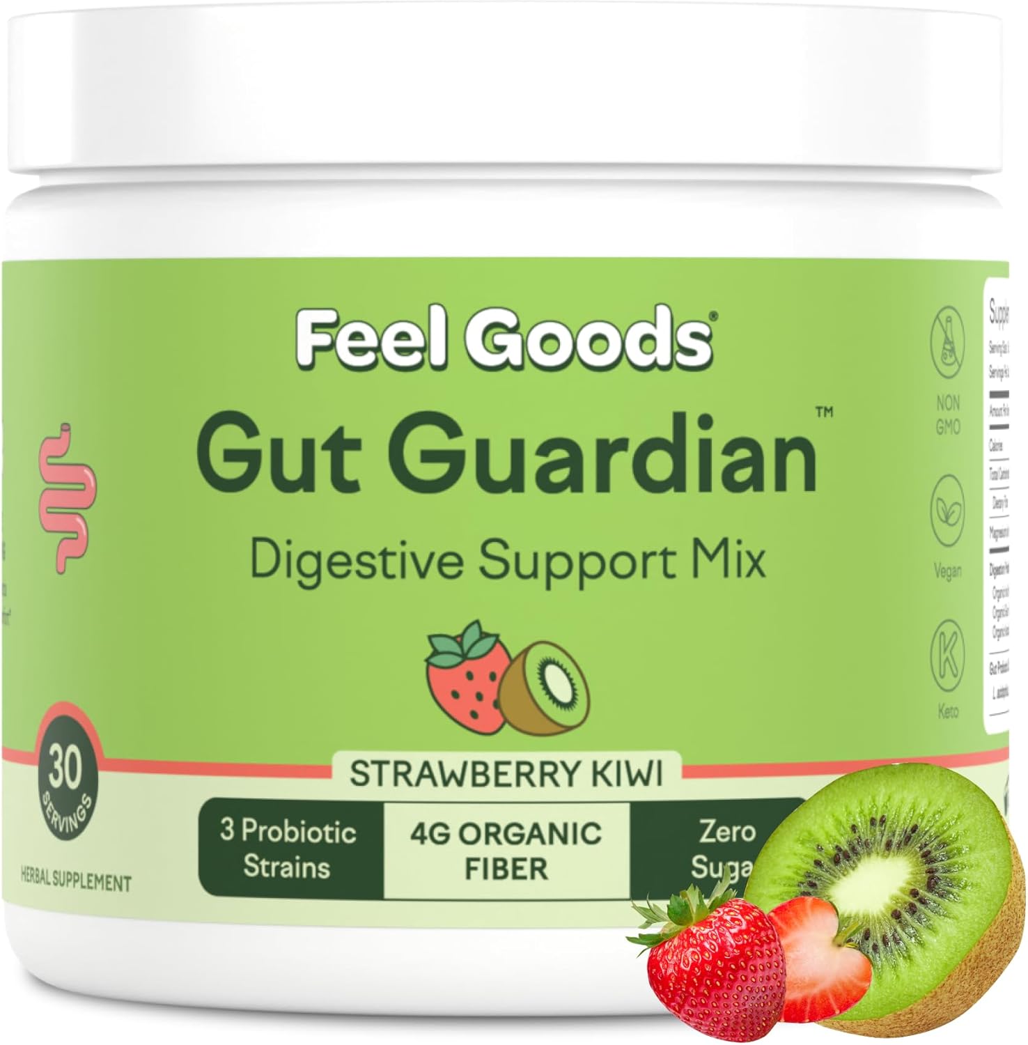 Feel Goods Gut Guardian, Organic Fiber, Probiotic & Prebiotic Powder, Sugar Free, Herbs For Bloat, Gut Health Support, Digestive Health For Men & Women, Non Gmo, Vegan, Strawberry Kiwi, 30 Servings