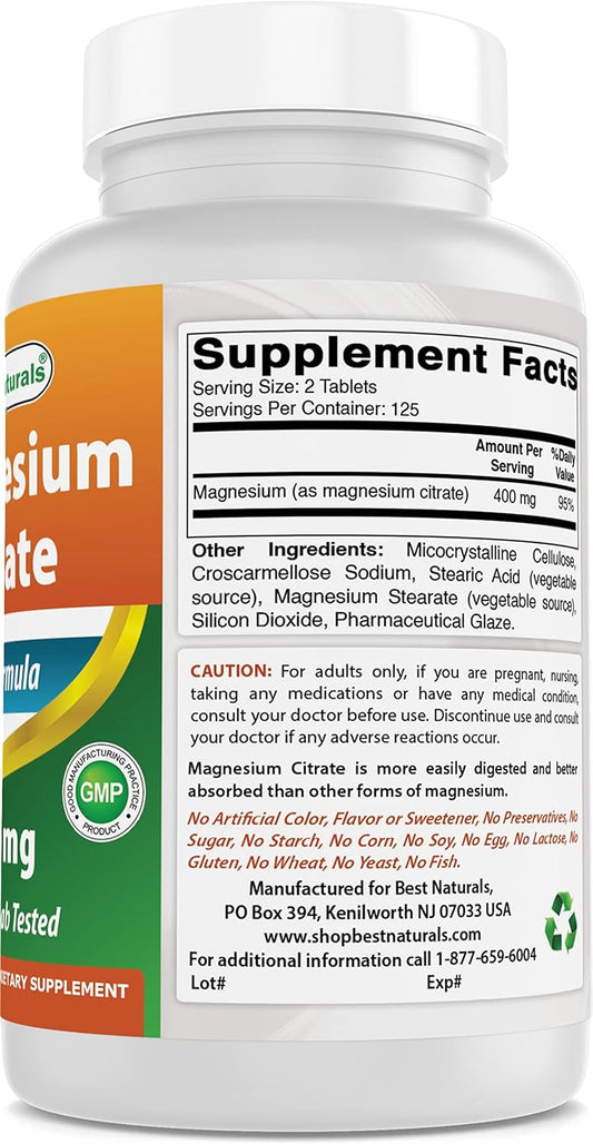 Best Naturals Magnesium Citrate (Citrato de Magnesio) 400mg 250 Tablets (400 mg of Elemental Magnesium per 2 Tablets) (1)