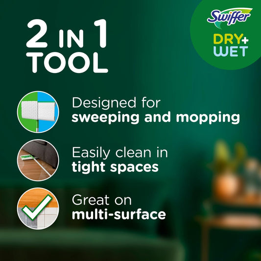 Swiffer Sweeper 2-In-1 Dry + Wet Floor Mopping And Sweeping Kit, Multi-Surface Kit For Floor Cleaning, Kit Includes 1 Sweeper, 14 Dry Sweeping Cloths, 5 Wet Mopping Cloths