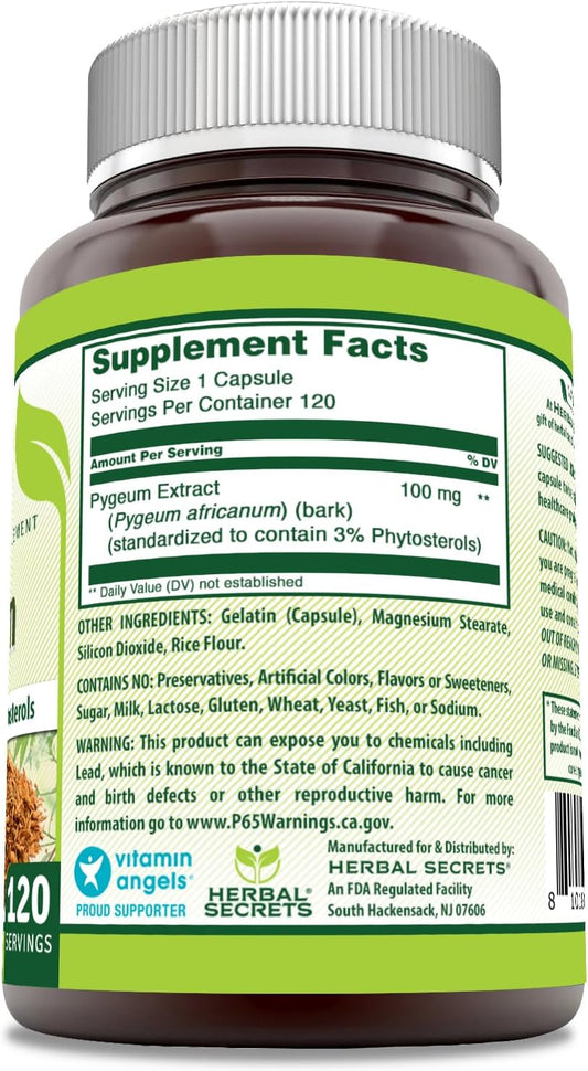 Herbal Secrets Pygeum Supplement | 100 Mg Per Serving | 120 Capsules | Non-Gmo | Gluten-Free | Made In Usa