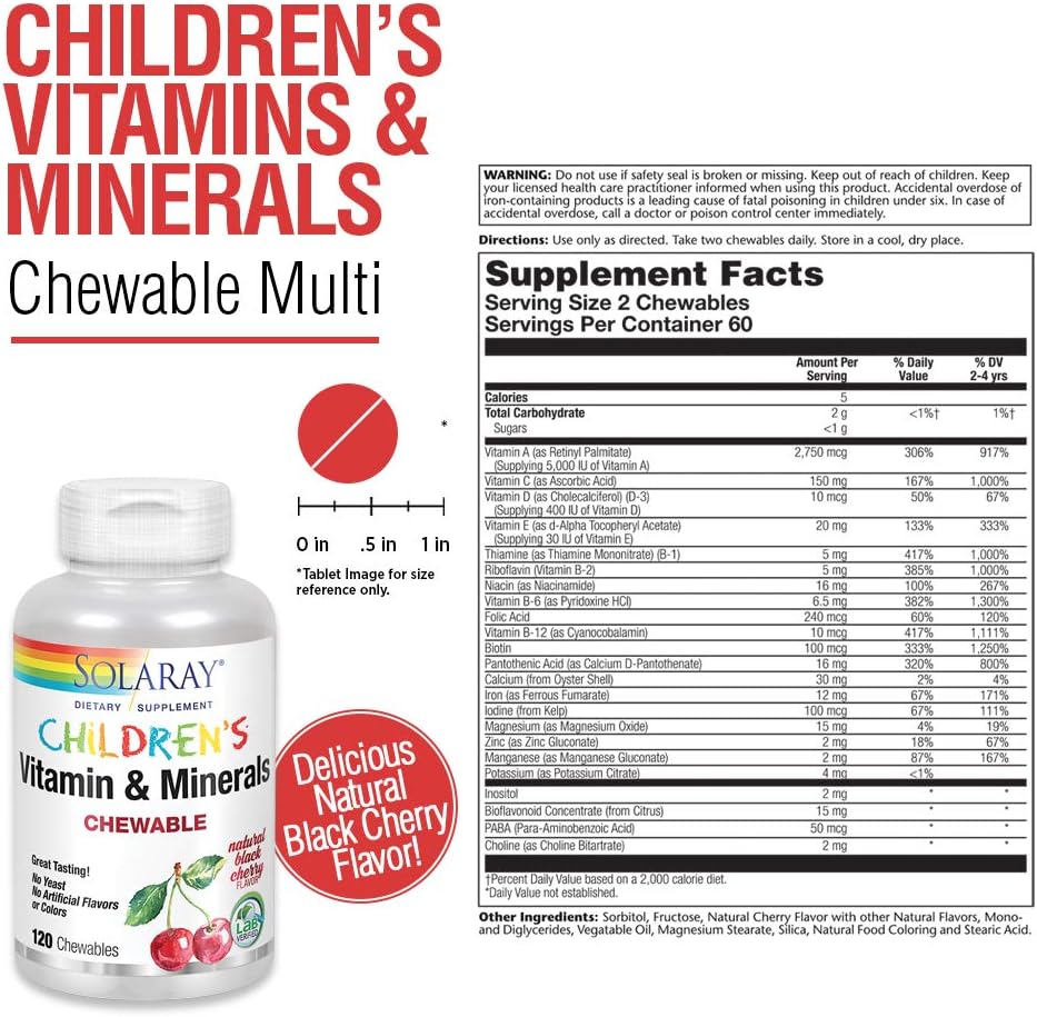 Solaray Childrens Vitamins & Minerals Complete Multivitamin for Kids Great Black Cherry avor (076280047974) (120 Chews, 60 Serv)