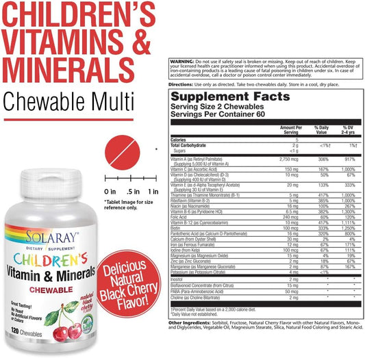 Solaray Childrens Vitamins & Minerals Complete Multivitamin for Kids Great Black Cherry avor (076280047974) (120 Chews, 60 Serv)