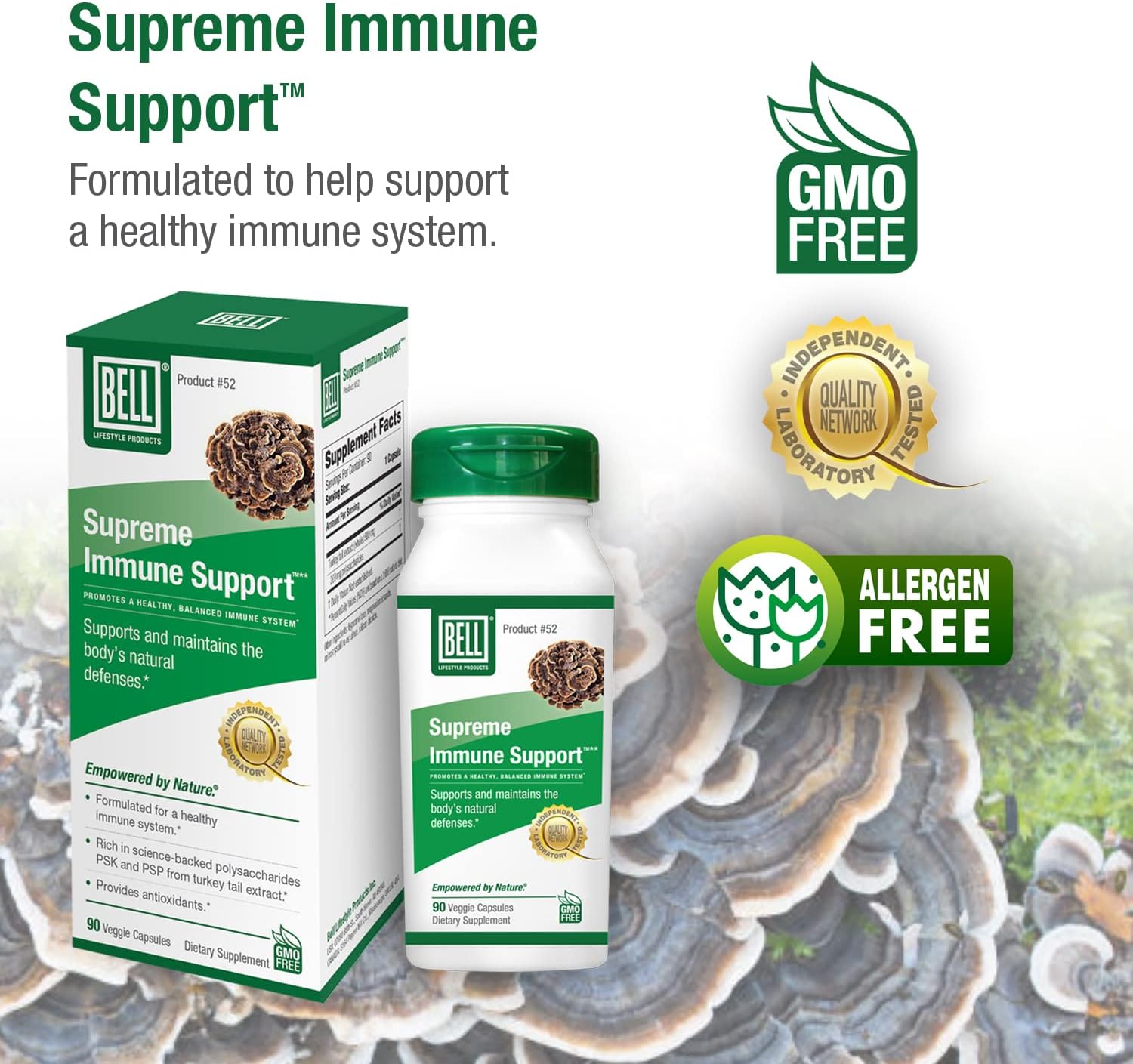 Bell Supreme Immune Support™ Mushroom Supplement Unique Blend with Turkey Tails Mushroom -A Natural Supplement for Immune Support, Unique Blend | 90 Capsules : Health & Household