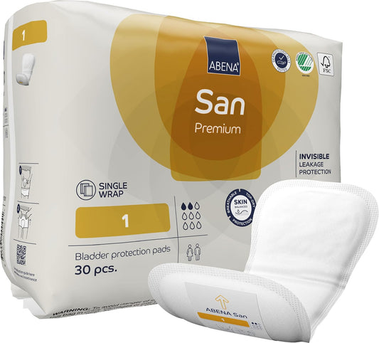 Abena San 1 Premium Incontinence Pads Women and Men. Suitable to be Used as Sanitary Pads, Incontinence Pads Men, Postpartum Pads, Panty Liners, Pads for Women | 200ml Absorbency | 30 Pack |