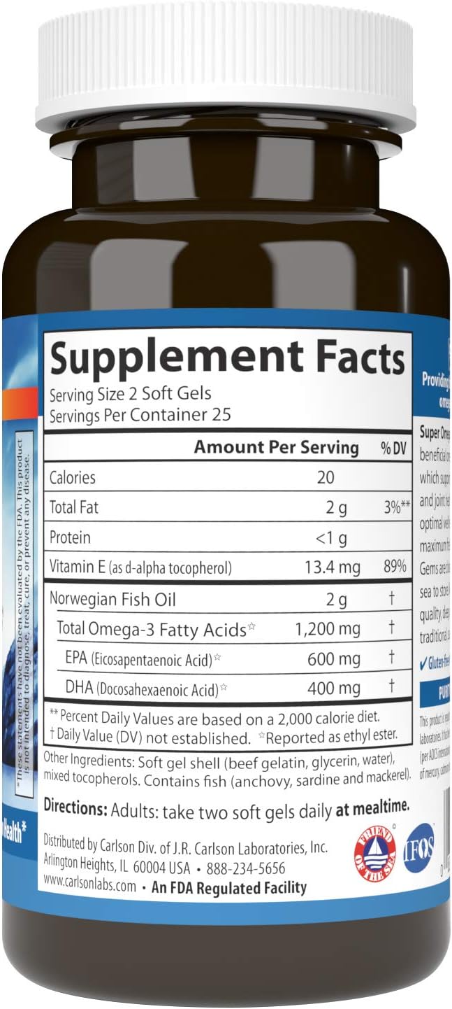 Carlson - Super Omega-3 Gems, 1200 mg Omega-3s, Wild Caught, Sustainably Sourced, 50 soft gels