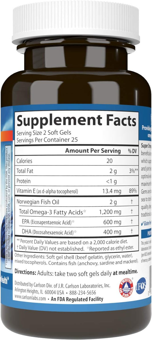 Carlson - Super Omega-3 Gems, 1200 mg Omega-3s, Wild Caught, Sustainably Sourced, 50 soft gels