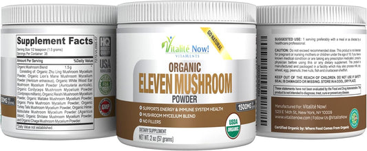 Organic 11 Mushroom Powder - USDA Certified - Lion's Mane, Reishi, Cordyceps, Maitake, Shiitake, Turkey Tail, Chaga, Zhuling, Wood Ear, Poria Cocos, Hime-Matsutake - Immunity & Energy, No filler
