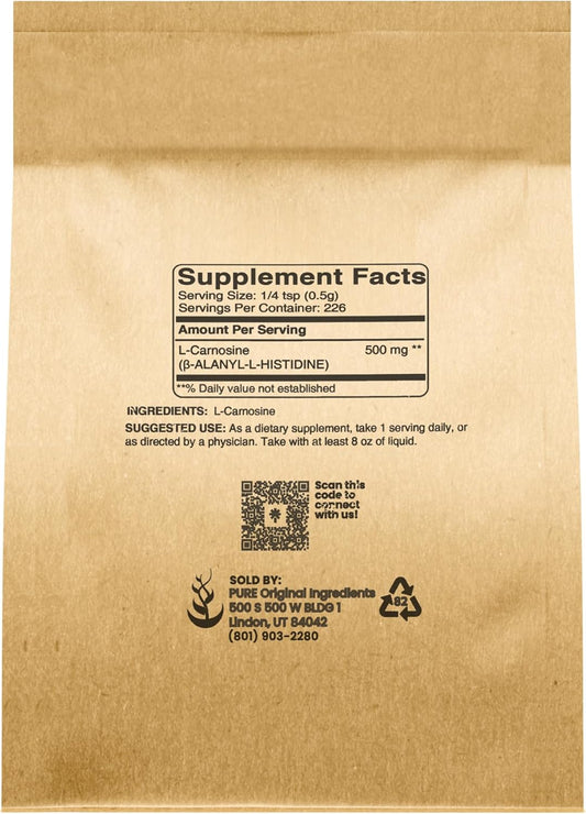 Pure Original Ingredients L-Carnosine Powder (4 Oz), Dietary Supplement, Lab-Verified, No Additives Or Fillers