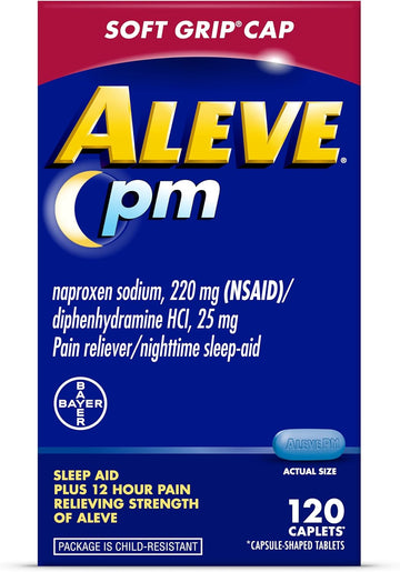 Aleve PM Sleep Aid Plus Pain Reliever Caplets, Naproxen Sodium & Diphenhydramine HCl, Pain Reliever, Nighttime Pain Relief, 120 Count