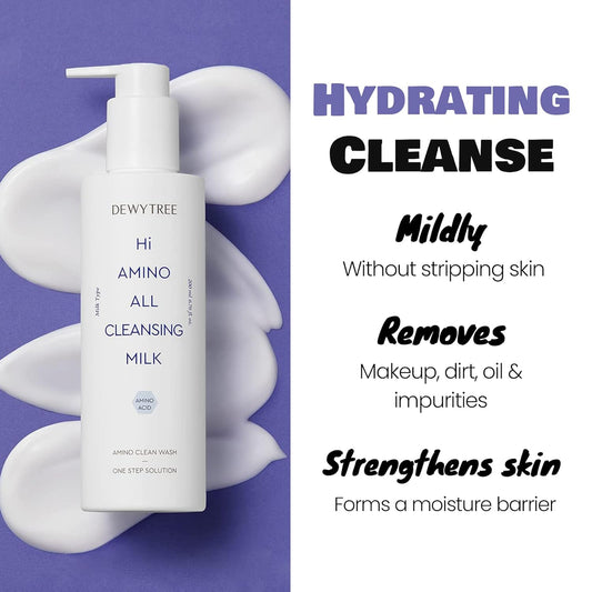 Dewytree Hi Amino All Cleansing Milk - Hydrating Facial Cleanser For Sensitive Skin | Amino Acid Face Lotion Oil Cleanser Korean Exfoliating Face Wash | Face Cleanser For Women & Men (6.76Fl Oz)