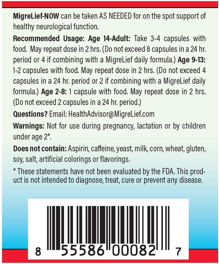 Migrelief-Now Fast-Acting Formula, As-Needed Nutritional Support For Migraine And Headache Sufferers - 60 Vegetarian Capsules : Health & Household