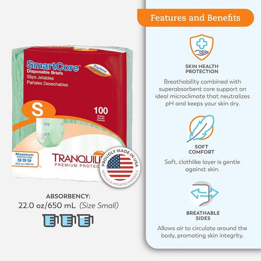 Tranquility Smartcore Adult Disposable Briefs, Incontinence Control With Breathable Kufguard Technology, Fastening Tabs& Wetness Indicator, Latex-Free, Adult Small, 22Oz Capacity, 100Ct Case