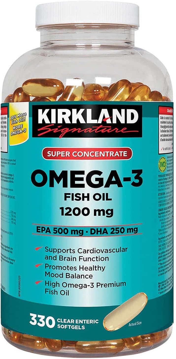 Kirkland Signature Super Concentrate Omega-3 Fish Oil 1200mg, EPA 500/DHA 250mg, 330 Clear enteric softgels