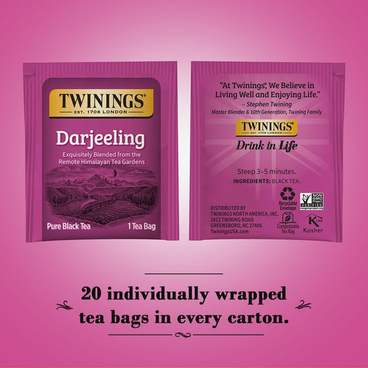 Twinings Darjeeling Tea - A Delicate, Dry Black Tea, Sophisticated Coffee Alternative With Less Caffeine, Individually Wrapped Tea Bags, 20 Count (Pack Of 2)