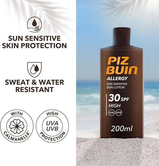 Piz Buin Allergy Lotion Spf 15 Medium (200Ml), Uva/Uvb Protective Skincare For Sensitive Skin, Sunscreen With Anti-Oxidant Calmanelle, Sweat & Water Resistant, Helps Protect Sensitive Skin