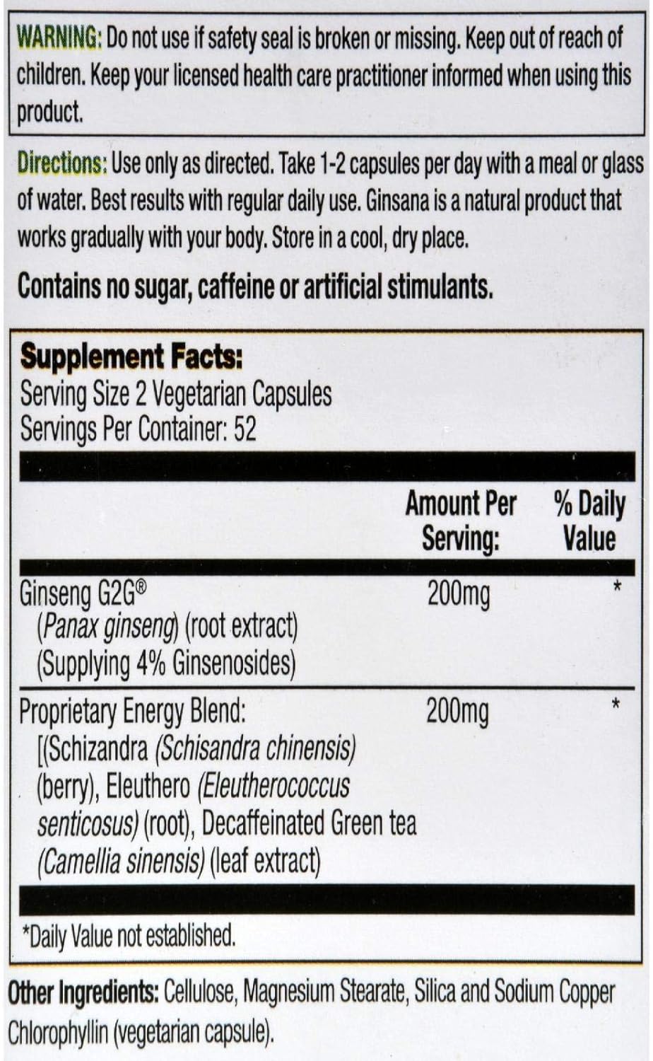 Body Gold Ginsana Energy | Panax Ginseng Extract w/Energizing Herbal Blend for Focus & Endurance | Schizandra Berry, Eleuthero Root, and Decaffeinated Green Tea Leaf Extract | 52 Serv | 105 VegCaps