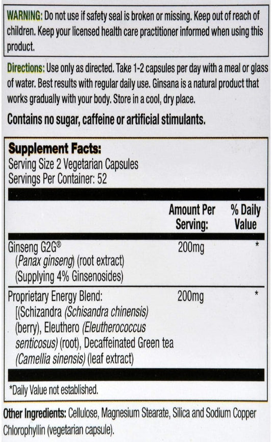 Body Gold Ginsana Energy | Panax Ginseng Extract w/Energizing Herbal Blend for Focus & Endurance | Schizandra Berry, Eleuthero Root, and Decaffeinated Green Tea Leaf Extract | 52 Serv | 105 VegCaps