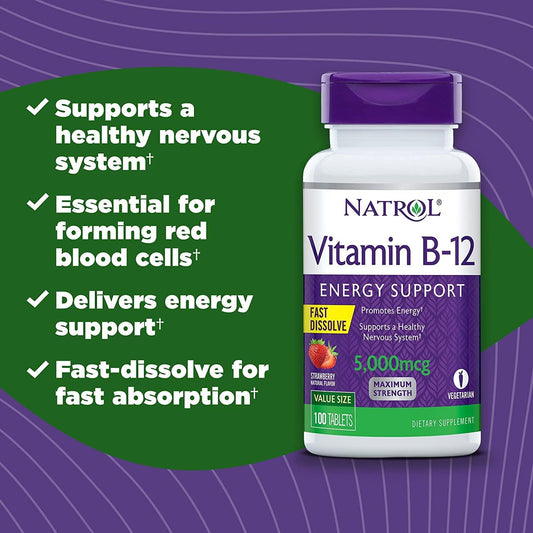 Natrol Vitamin B12 Fast Dissolve Tablets, Promotes Energy, Supports A Healthy Nervous System, Maximum Strength, Strawberry Flavor, 5,000Mcg, 100 Count (Pack Of 2)