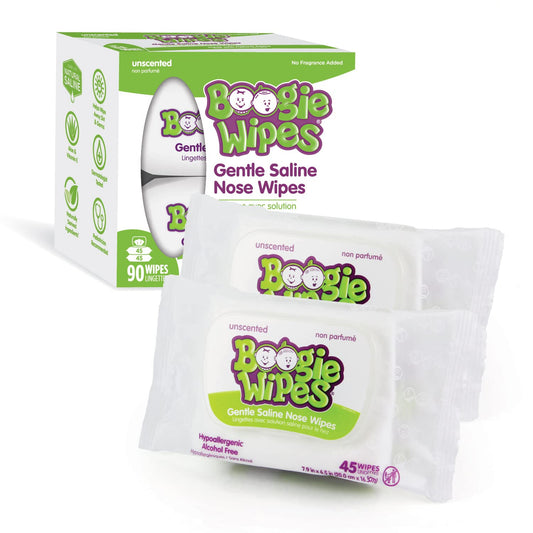 Boogie Wipes, Sensitive Unscented Wet Nose Wipes For Kids And Baby, Allergy Relief, Soft Isotonic Saline Hand And Face Saline Tissue With Aloe, Chamomile And Vitamin E, 45 Count (Pack Of 2)