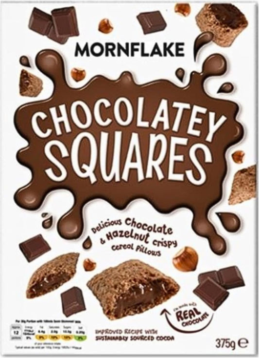 Mornflake - Chocolatey Squares Breakfast Cereal, Multipack Of 12X 375G Vegan Vegetarian Chocolate Cereal. Wheat Pillows Filled With Chocolate Cocoa And Hazelnut Filling For The Whole Family