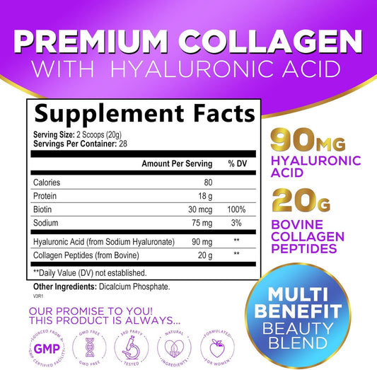 Collagen Peptides Powder Unflavored - Grass Fed Hydrolyzed Powder Type I & Iii, Best Collagen Supplements With Hyaluronic Acid & Biotin - Women'S Hair, Nail, Skin, Bones & Joint Support - 28 Servings