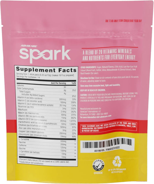 Advocare Spark Vitamin & Amino Acid Supplement - Focus And Energy Drink Mix With Stevia - Raspberry Lemonade - 14 Pack