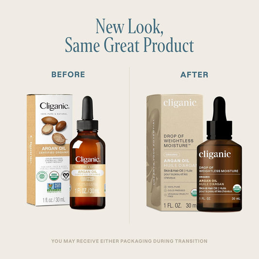 Cliganic Organic Argan Oil, 100% Pure (1Oz) - For Hair, Face & Skin | Cold Pressed Carrier Oil (Packaging May Vary)