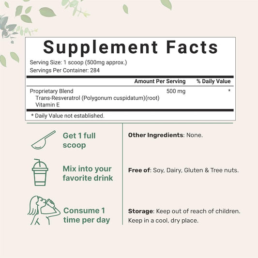 Pure Trans-Resveratrol Powder With Natural Vitamin E, 5 Ounce, 2 In 1 Formula, Micronized Powder For Better Absorption, Premium Resveratrol Supplement, Super Antioxidant, Vegan Friendly