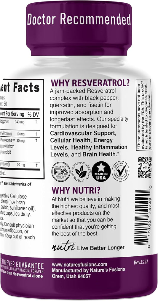 Nutri Resveratrol Supplement 1000Mg (Ultra High Purity Trans-Resveratrol) - 15X More Bioavailable With Liposomal Quercetin And Fisetin - Antioxidant, Longevity, Organic Piperine - 60 Vegan Capsules