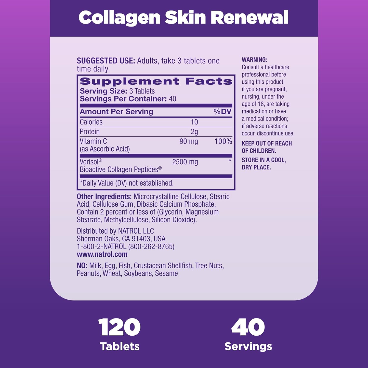 Natrol Collagen Skin Renewal, Dietary Supplement for Beauty Advanced, 120 Tablets, Up to a 40 Day Supply : Health & Household