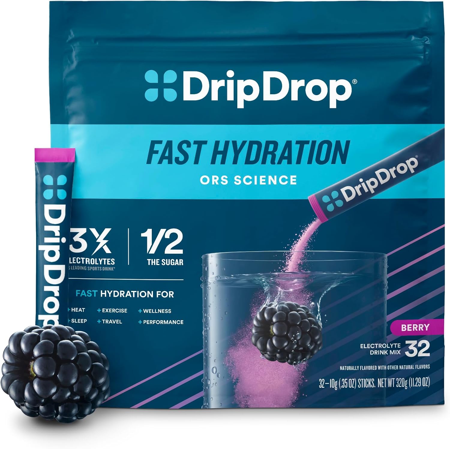 Dripdrop Hydration - Berry - Electrolyte Drink Mix Single Serve Hydration Powder Packets | Non-Gmo, Gluten Free, Vegan | 32 Sticks