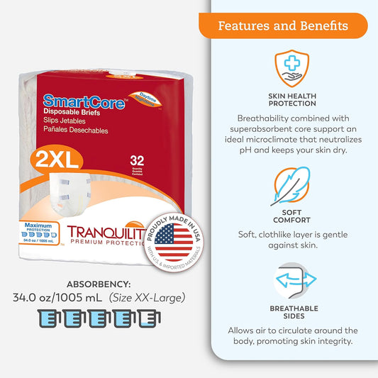 Tranquility Smartcore Adult Disposable Briefs, Incontinence Control With Breathable Kufguard Technology, Fastening Tabs& Wetness Indicator, Latex-Free, Adult Xx-Large, 34Oz Capacity, 32Ct Case