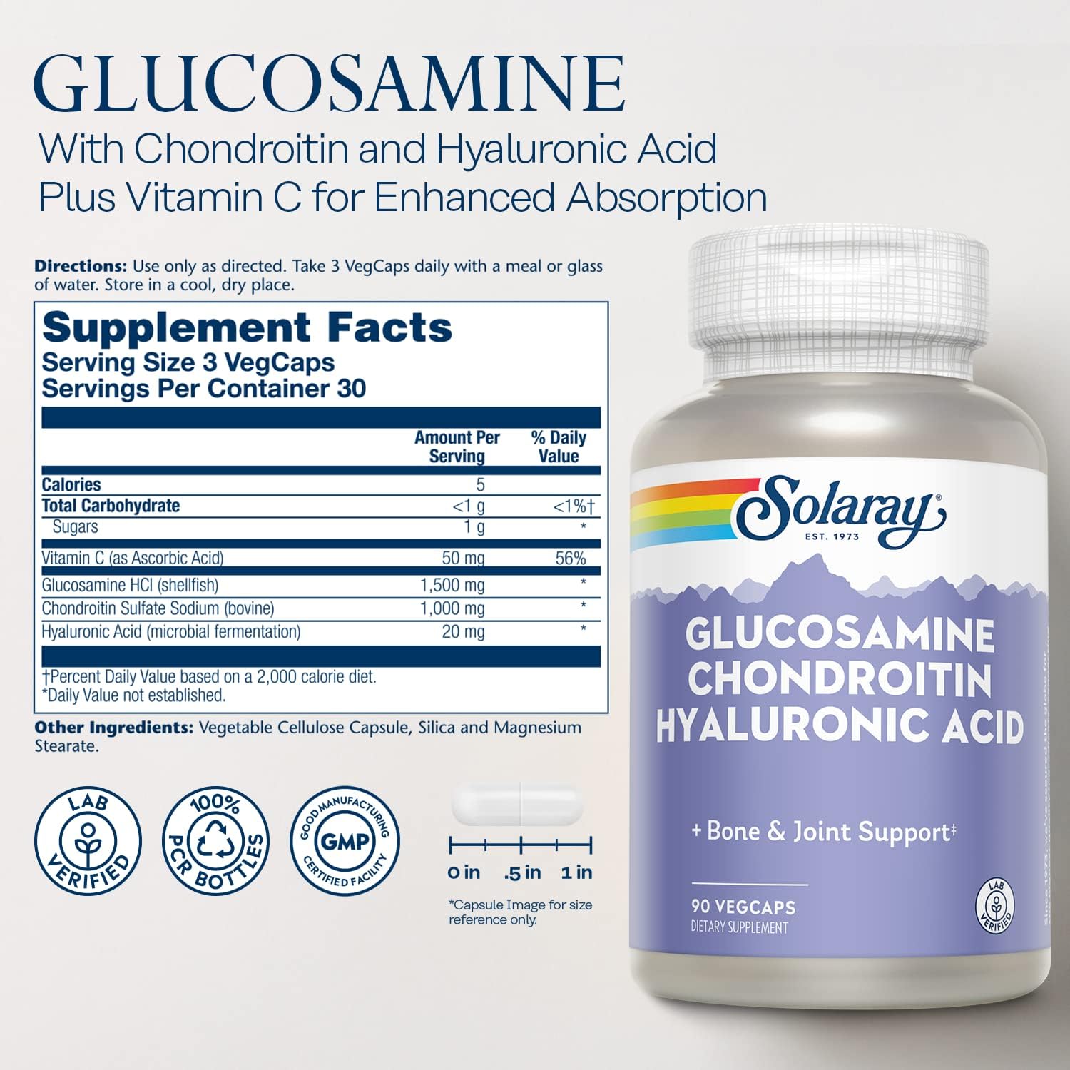 SOLARAY Glucosamine Chondroitin and Hyaluronic Acid, 1500mg/1000mg/20mg 90 Capsules