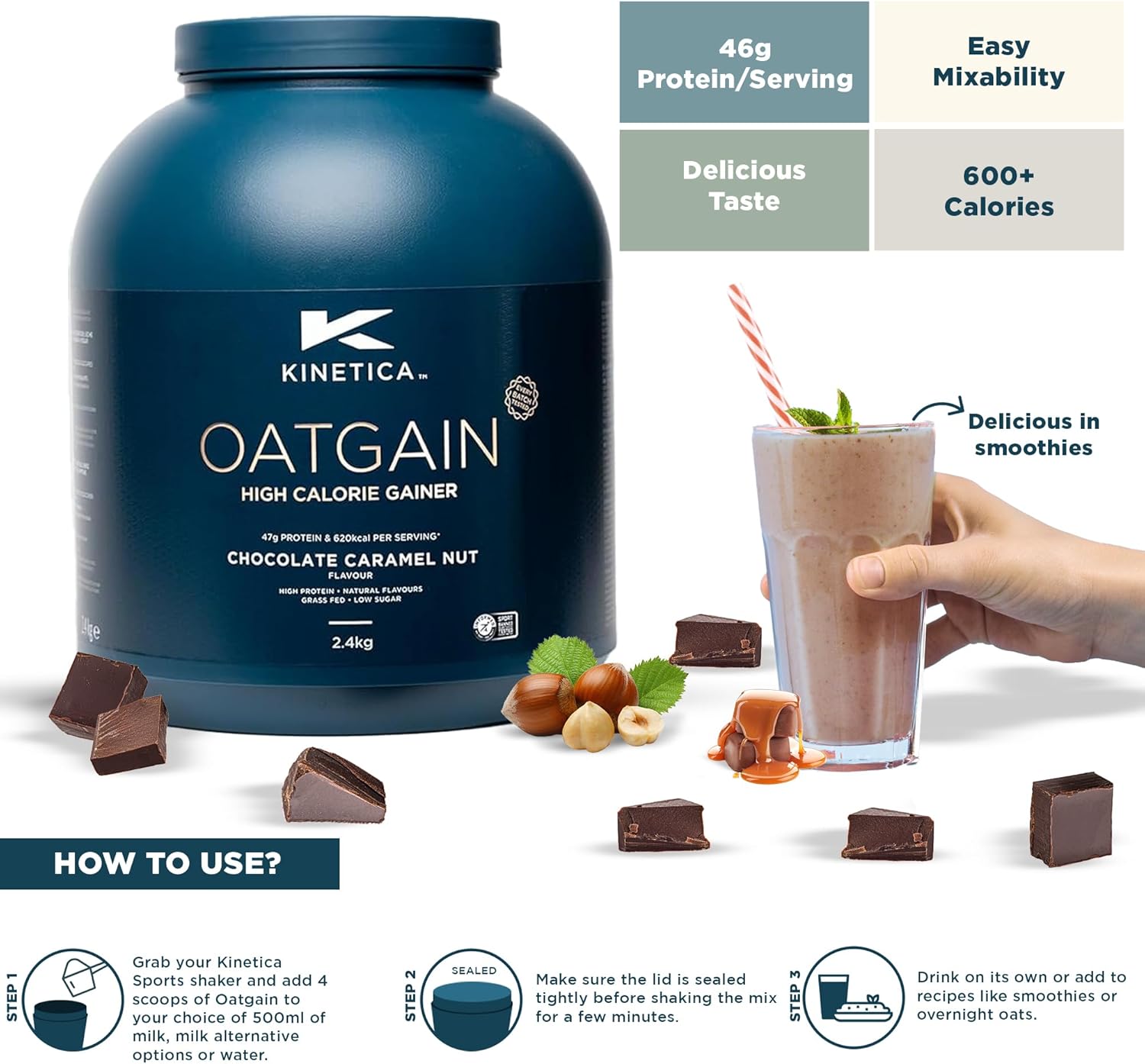 Kinetica Sports OatGain Weight Gainer - Raspberry Yoghurt Flavour | 630 Cal, 46g Protein & 82g Carbs/Serve, 30 Servings/4.8Kg | Optimum Grass Fed Protein Supplement | High Calorie & Easy Mixability : Amazon.co.uk: Health & Personal Care