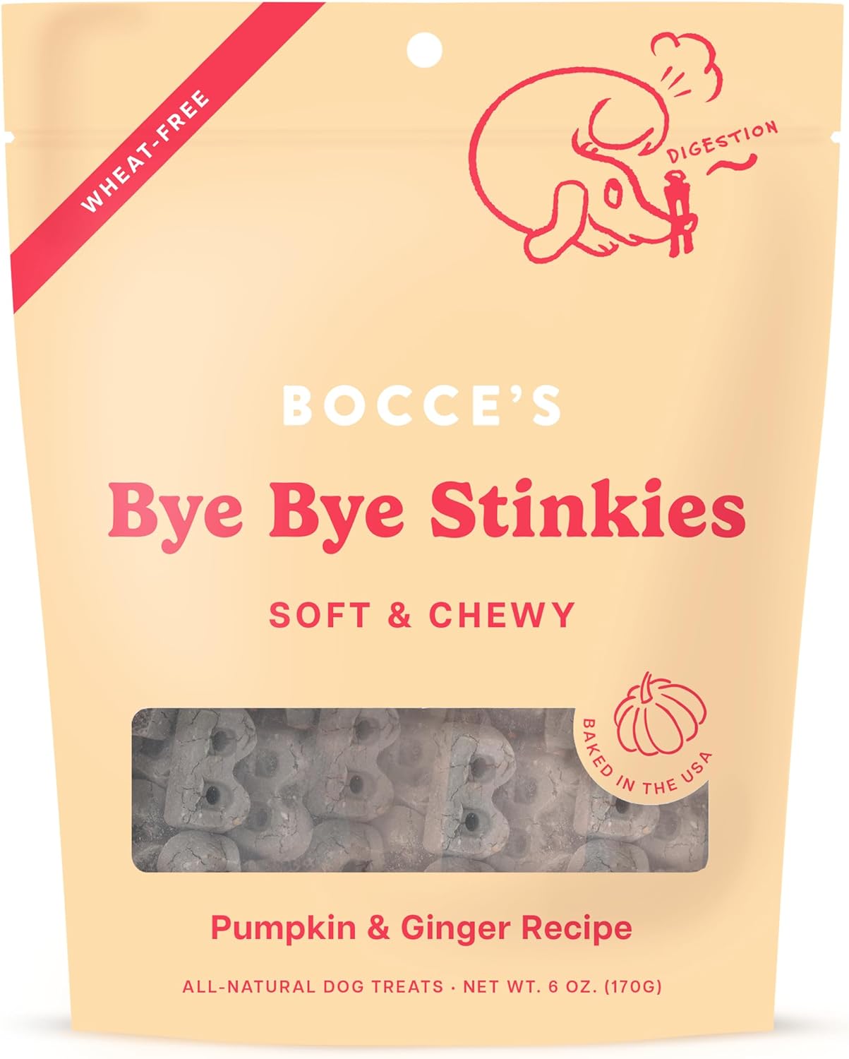 Bocce's Bakery Digestive Support Dog Treats, Wheat-Free Pumpkin Ginger, 6 oz Bag